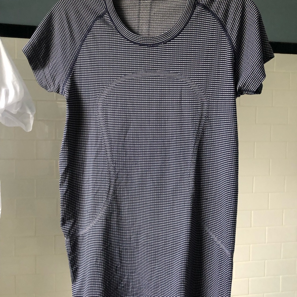 Lululemon swiftly tech shortsleeved shirt in navy and white stripes